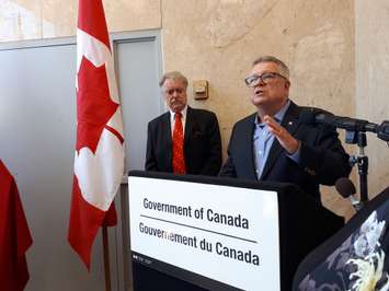Safety Minister Ralph Goodale and Mayor Mike Bradley at the Bud Cullen dedication. August 10, 2018. (Photo by Colin Gowdy, BlackburnNews)