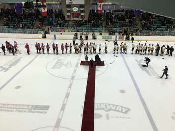 The Waterloo Siskins and Listowel Cyclones shake hands after Waterloo wins the Cherrey Cup with a 5-2 win at home to beat Listowel in 6 games. April 7th, 2019 (Photo by Ryan Drury)