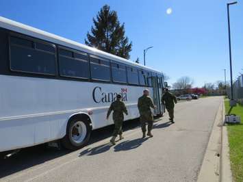 Troops from the 31 Canadian Brigade Group load up their vehicles at Wolseley Barracks to depart for Kingston, May 8, 2017. (Photo by Miranda Chant)