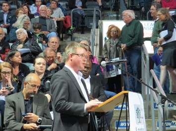 BRT project consultant Brian Hollingwortha delievers a presentation at a public participation meeting on BRT at Budweiser Gardens, May 3, 2017. (Photo by Miranda Chant, Blackburn News) 