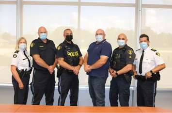 L-R:Inspector Krista Miller (South Bruce OPP Detachment Commander), Provincial Constable Ian Gouthro, Provincial Constable Mark Brandt, Provincial Constable Ken Roppel, Provincial Constable Derrick Frook and Staff Sergeant Ryan Olmstead (South Bruce OPP Detachment Manager) (Provided by South Bruce OPP)