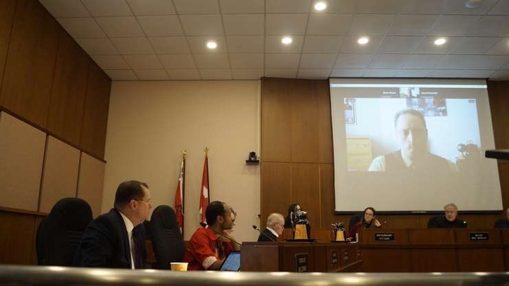 Sarnia council listens to a presentation from Sarnia's integrity commissioner. February 12, 2024 (Photo by Melanie Irwin)