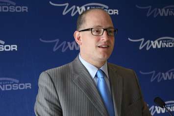 Windsor Mayor Drew Dilkens speaks with media at Windsor City Hall, May 13, 2015. (Photo by Mike Vlasveld)