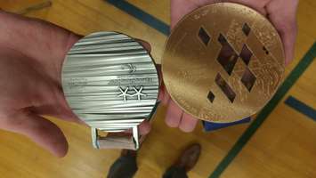 Tyler McGregor's silver (2018) and bronze (2014) medals from Pyeongchang and Sochi. April 3, 2018. (Photo by Colin Gowdy, Blackburn News)