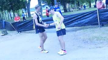 Matt Fecht and Aaron Cooper shake hands after the race. June 3, 2018. (Photo by Colin Gowdy, BlackburnNews)