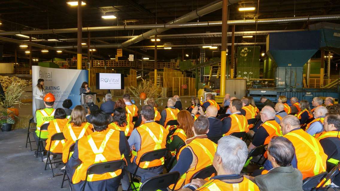 Carol Hochu, President and CEO of the Canadian Plastics Industry Association, speaks at the grand opening for ReVital Polymers recycling facility. October 20, 2017 (Photo by Colin Gowdy)