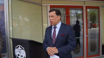 Economic Development and Infrastructure Minister Brad Duguid makes announcement outside Imperial Theatre for Ontario accessibility certification program. May 29, 2015 (BlackburnNews.com Photo by Briana Carnegie).