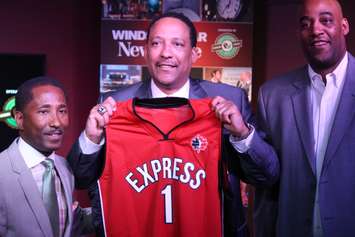 Windsor Express Interim Head Coach Tony Jones (middle) is introduced by Team Owner Dartis Willis (left) and Director of Operations Bill Jones (right) at the Green Bean Cafe on Ouellette Ave, July 14, 2015. (Photo by Mike Vlasveld)