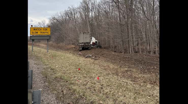 A transport crash on Highway 402 Westbound - March 31/26 (Photo courtesy of OPP)