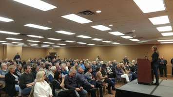 Caroline Mulroney speaking to a crowd at the Holiday Inn Point Edward during her campaign trail in the PC Party Leadership race. March 3, 2018. (Photo by Colin Gowdy)