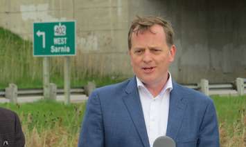 Ontario Transportation Minister Jeff Yurek announces a pilot project to increase speed limits on select 400 series highways in the province, May 10, 2019. (Photo by Miranda Chant, Blackburn News)