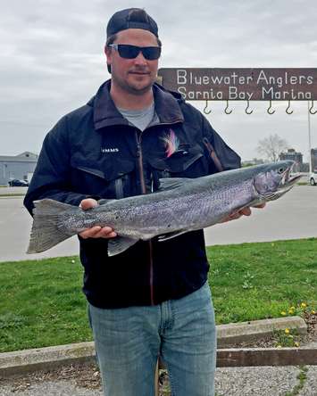 Harry Harris of Sarnia in the Trout - Shore category with a 7.40 lb. Rainbow Trout. (Photo by Bluewater Anglers)