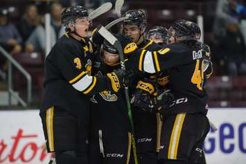 The Sarnia Sting celebrate a goal in Game 6 of their first round playoff matchup with the Windsor Spitfires.  1 May 2022.  (Metcalfe Photography)
