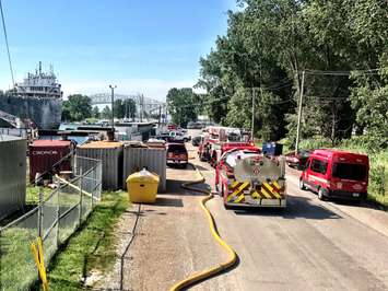 Fire crews respond to a blaze aboard a motor vessel docked in Sarnia, July 6, 2017. (Photo courtesy of Sarnia Fire and Rescue)