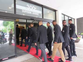 London Lightning players arrive at city hall for a special ceremony honouring their NBL Canada Championship win, June 6, 2017. (Photo by Miranda Chant, Blackburn News)