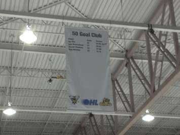 Sarnia Sting 50-Goal-Club Banner unveiled Nov. 14, 2014 (BlackburnNews.com photo)