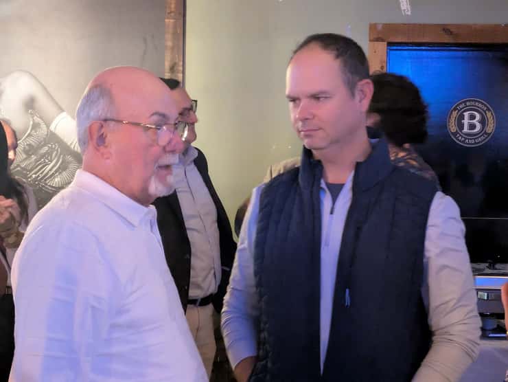 Tecumseh Mayor Gary McNamara talks with outgoing Ward 4 Councillor Brian Houston at The Bourbon Tap and Grill in Tecumseh, October 26, 2026. Photo by Mark Brown/WindsorNewsToday.ca.