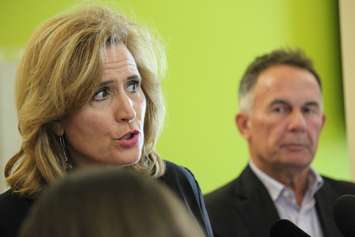 Outgoing WindsorEssex Economic Development Corporation CEO Sandra Pupatello speaks at a news conference alongside board chairperson Martin Komsa, July 6, 2015. (Photo by Jason Viau)