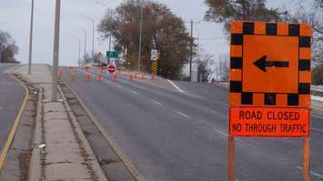 Transport trucks are turning onto Indian Rd. from Exmouth St. to enter onto 402 via ramp. The Indian Rd. overpass remains shut off in both directions to Rosedale Ave. November 23, 2015 (BlackburnNews.com Photo by Briana Carnegie)