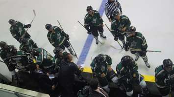 Bird's-eye view of the Stars bench as they try and hold on to a third period lead. (Photo by Jake Jeffrey)