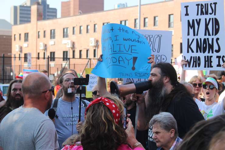 Protestors and counter-protestors outside the Greater Essex County District School Board, June 20, 2023. Photo by Mark Brown/WindsorNewsToday.ca.