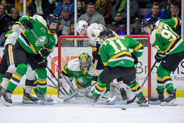 Sarnia Sting home to London Knights, December 28, 2023. Photo by Metcalfe Photography.