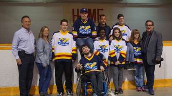 Sarnia Ice Hawks sledge hockey team members thank the ECAS and IBEW for their donation towards accessible player's benches at Clearwater Arena. April 19, 2016 (BlackburnNews.com Photo by Briana Carnegie)
