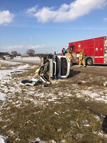 A flipped vehicle is seen in on Concession Rd. 5 N on March 4, 2016. (Photo courtesy Amherstburg Fire Department)