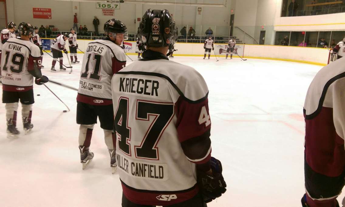 The Chatham Maroons' Ross Krieger warms up before a game against the Strathroy Rockets, December 19, 2015. (Photo by Matt Weverink)