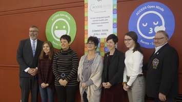 (From left to right) Alan Stevenson, Maura Cook, Paula Reaume-Zimmer, Sue Barnes, Kathy Alexander, Janessa Labadie, and Bill Weber at ACCESS Open Minds Sarnia-Lambton site unveiling. December 6, 2019. (BlackburnNews.com photo by Colin Gowdy)