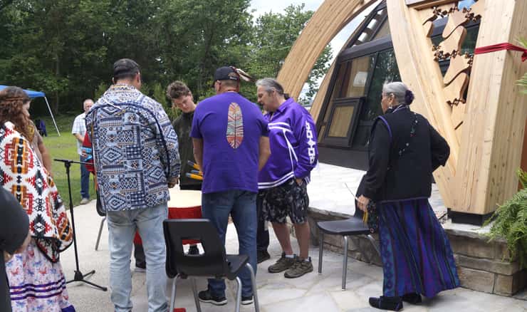 Drumming ceremony during the Indigenous Outdoor Gathering Space grand opening. June 18, 2026. (Photo by Natalia Vega) 