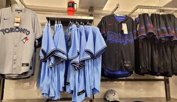 Toronto Blue Jays fan gear at Sport Chek in Sarnia. October 24, 2025. (Photo by Stephanie Chaves)