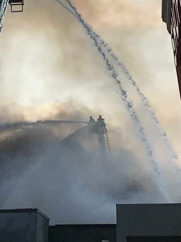 Windsor fire crews continue battling a stubborn blaze at the Gel Tech plant in Walkerville, September 19. 2018. (Photo courtesy of Rhonda Zimmer)