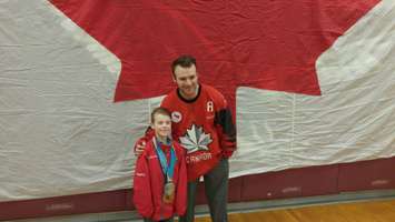 Tyler McGregor poses with Carter O'Halloran during a ceremony at North Lambton Secondary School. April 3, 2018. (Photo by Colin Gowdy, Blackburn News)