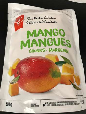 A frozen mango product part of a food recall.  (Photo by the Canadian Food Inspection Agency)