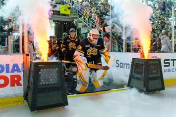 The Sarnia Sting hosting the Saginaw Spirit in Game 2 of the west semifinal. 16 April 2023. Metcalfe Photography. 