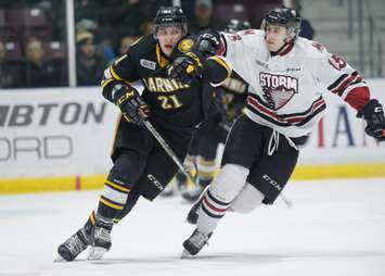 Adam Ruzicka of the Sting battles for position with the Storms Liam Hawel. March 10, 2018. (Photo courtesy of Metcalfe photography)