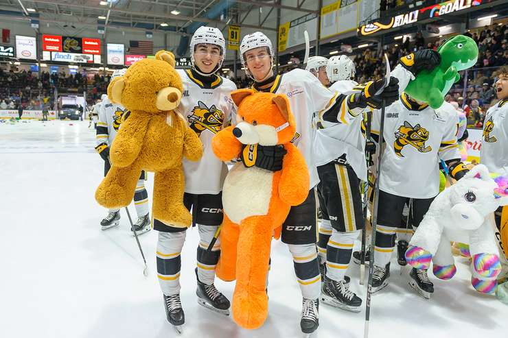 Sarnia Sting host Saginaw in annual Teddy Bear Toss game Sunday, Dec 1, 2024. Photo by Metcalfe Photography. 