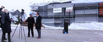 Everlast Group Principal Victor Boutin and Chatham-Kent Mayor Darrin Canniff address media at the new student residency being built in downtown Chatham. February 14, 2019. (Photo by Greg Higgins)