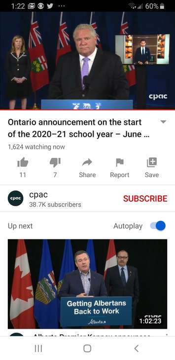 Premier Doug Ford addresses the media at Queens Park in Toronto, accompanied by Health Minister Christine Elliott and Education Minister Stephen Lecce, June 19, 2020. Image courtesy CPAC/YouTube.