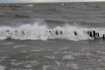 Waves hitting shoreline protection jetty at Erie Beach Oct. 28, 2015 (Photo by Simon Crouch)