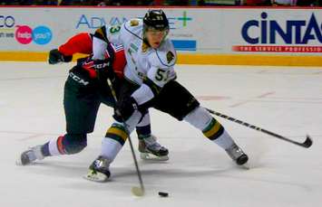 London Knights forward Bo Horvat breaks in on the Windsor Spitfires net during the third period of game four, March 27, 2014. (Photo by Mike Vlasveld)