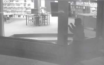 Surveillance photo of suspect wanted in Sarnia Library vandalism - Oct 15/18 (Photo courtesy of Sarnia Police Service)