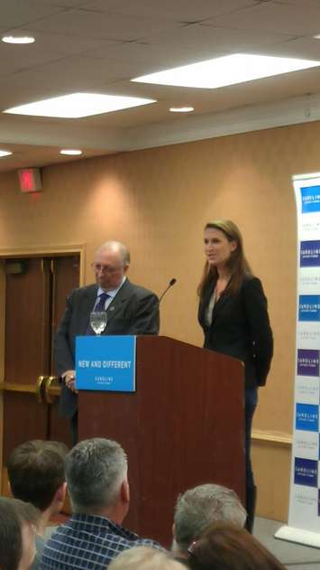 PC Party Leadership candidate Caroline Mulroney stands next to Sarnia-Lambton MPP Bob Bailey. March 3, 2018. (Photo by Colin Gowdy)