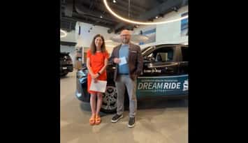 BWHF Executive Director Kathy Alexander (L) and BMW Sarnia GM Tim Bamford (R) announce the winner of the Dream Ride Lottery - July 24/26 (Photo via Facebook Livestream)
