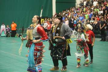 Dancers participate in an opening dance circle at the 4th annual PowWow, St. Clair College SportsPlex, Windsor, June 6, 2019. Photo by Mark Brown/Blackburn News.