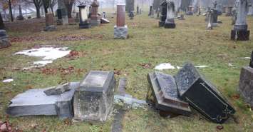 More than 50 headstones damaged at a Mitchell cemetery. Photo courtesy of the OPP via Twitter.