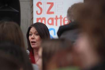 Windsor West MPP Lisa Gretzky speaks outside Walkerville Collegiate School on April 4, 2019. Photo by Mark Brown/Blackburn News.