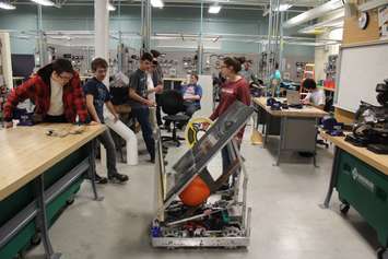 Members of the Chatham-Kent Cyber Pack test out their robot for the First Robotics Competition on February 19, 2019. (Photo by Allanah Wills)