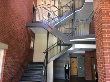 The stairwell to a theatre entrance at Blyth Memorial Hall, taken from the front hallway. (Photo by Ryan Drury)
